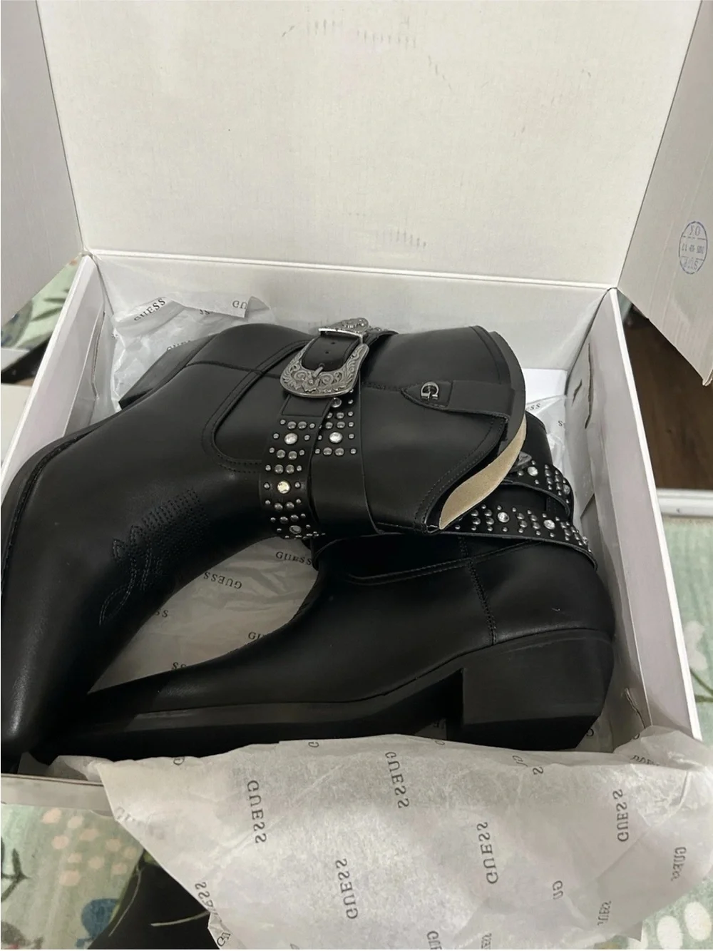 Guess Black Studded Western Ankle Boots with Silver Buckle